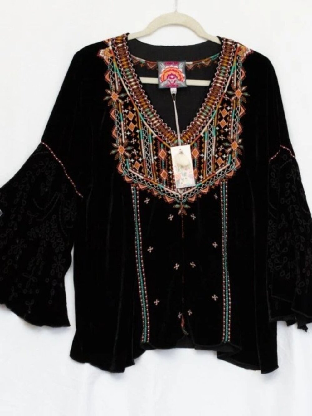 NWT Johnny Was Chiri Swing Velvet Blouse Embroidered Bell Sleeve Peasant Top L